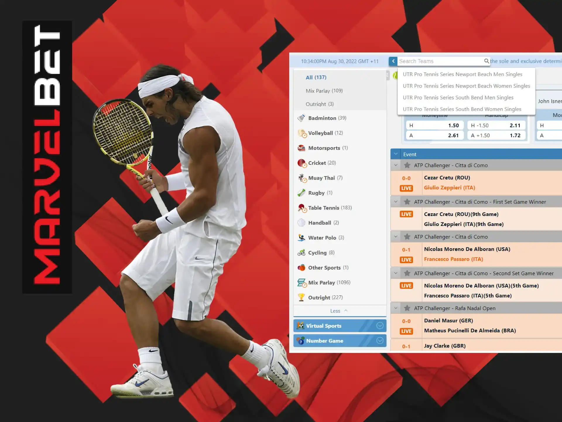 Tennis lovers can easily bet on this sport in the MarvelBet sportsbook.