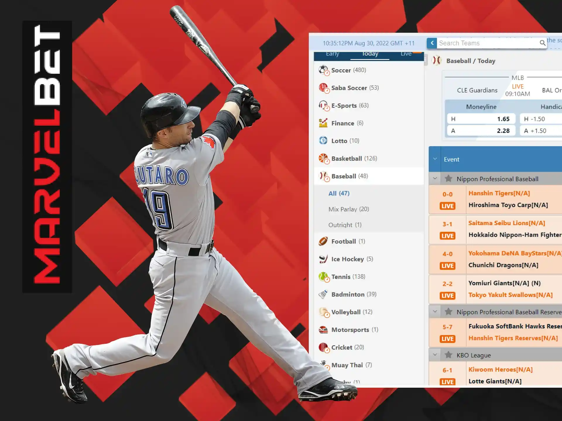 Watch baseball matches and place bets on it at MarvelBet.