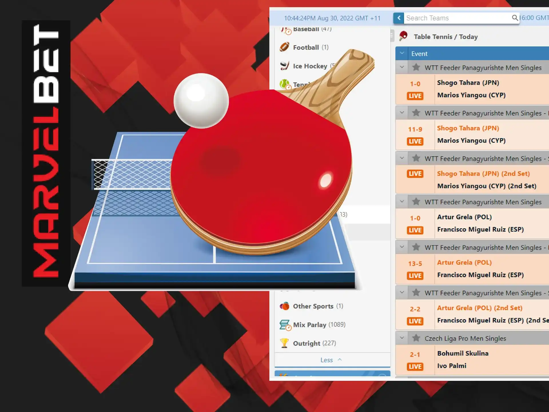 Bet on your favorite table tennis player at MarvelBet.