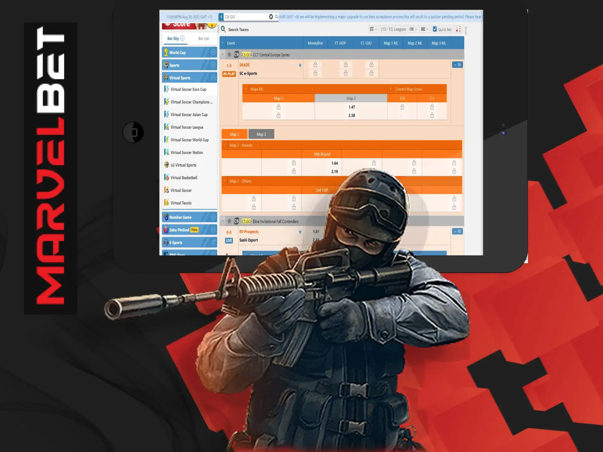 CS:GO is also among the betting options at MarvelBet.