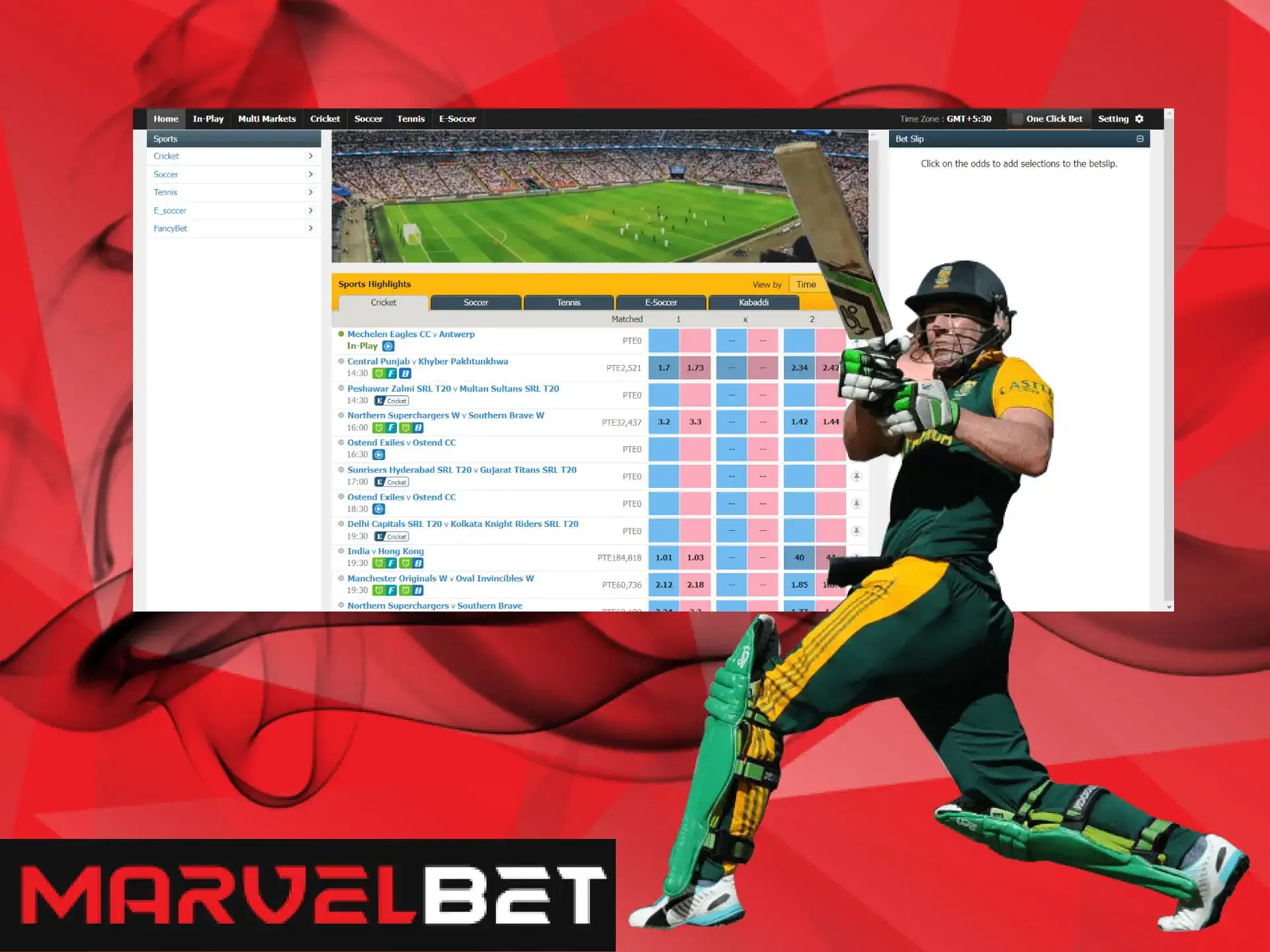 You can place bets on cricket using the MarvelBet app.