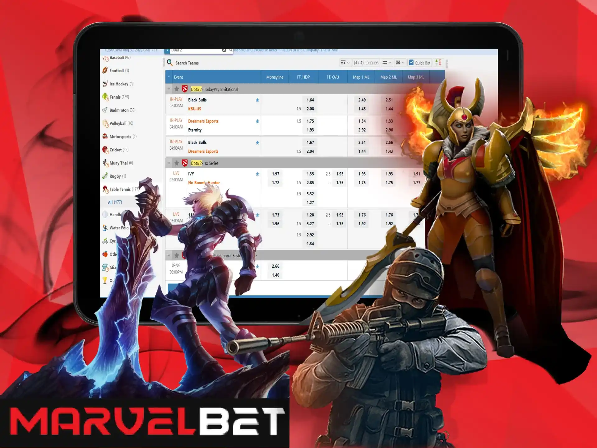 In the MarvelBet you can also bet on cybersports.