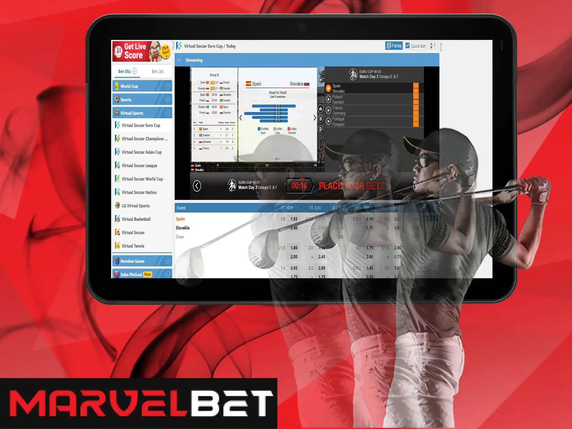 Vitual sports are also available for betting via the app.