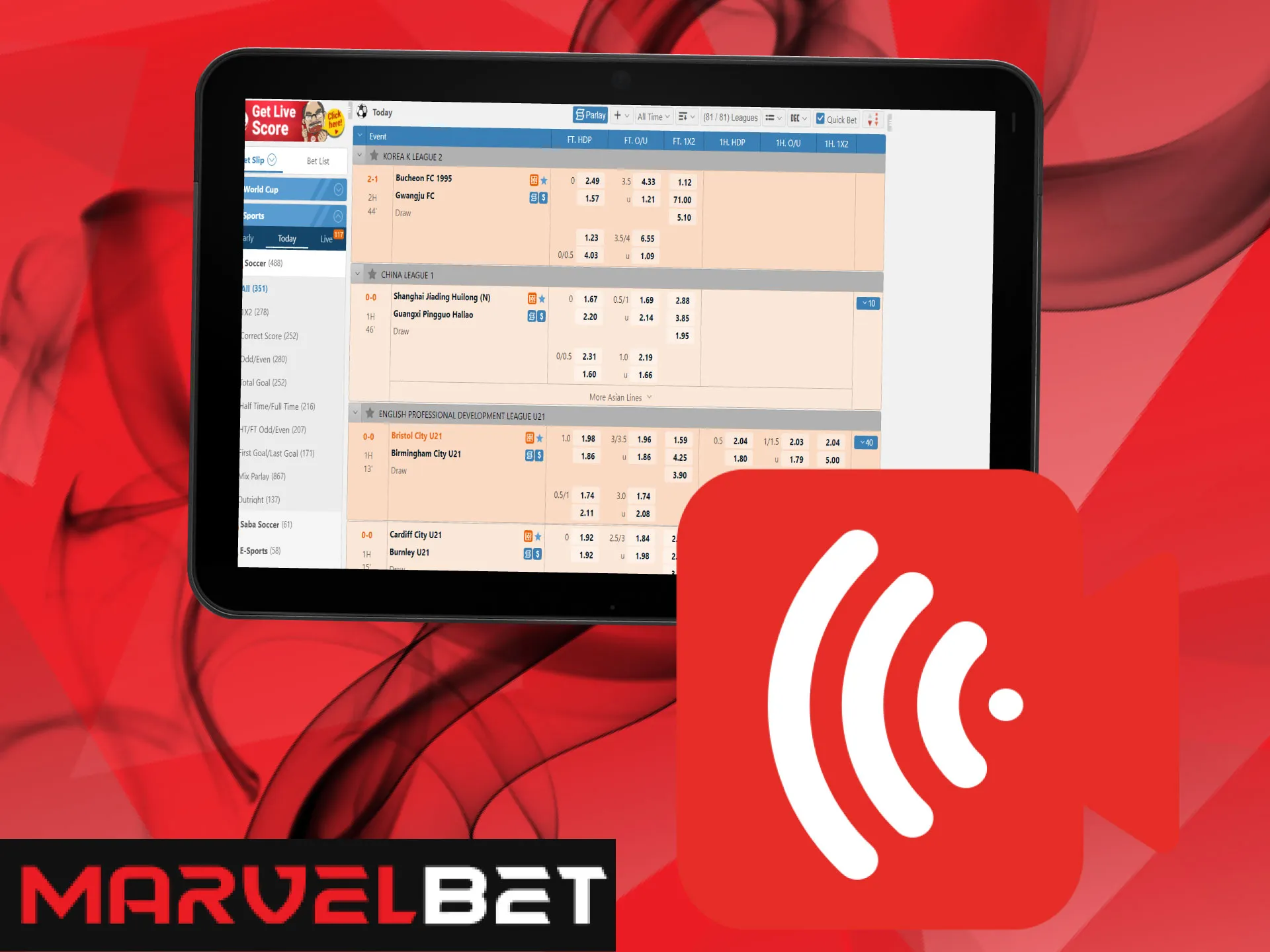 You can place prematch and live bets in the application.