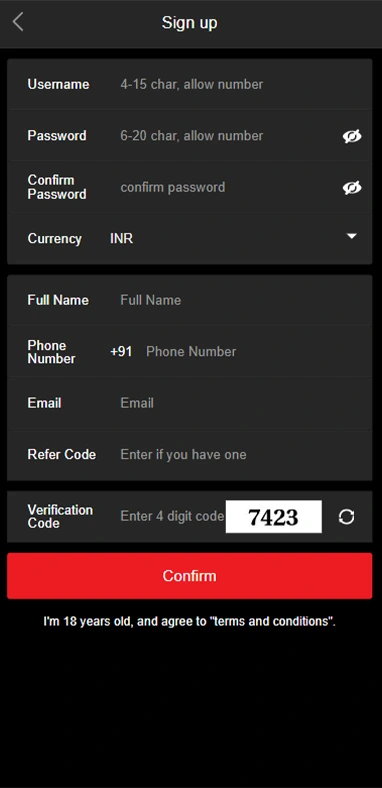 MarvelBet app registration form.